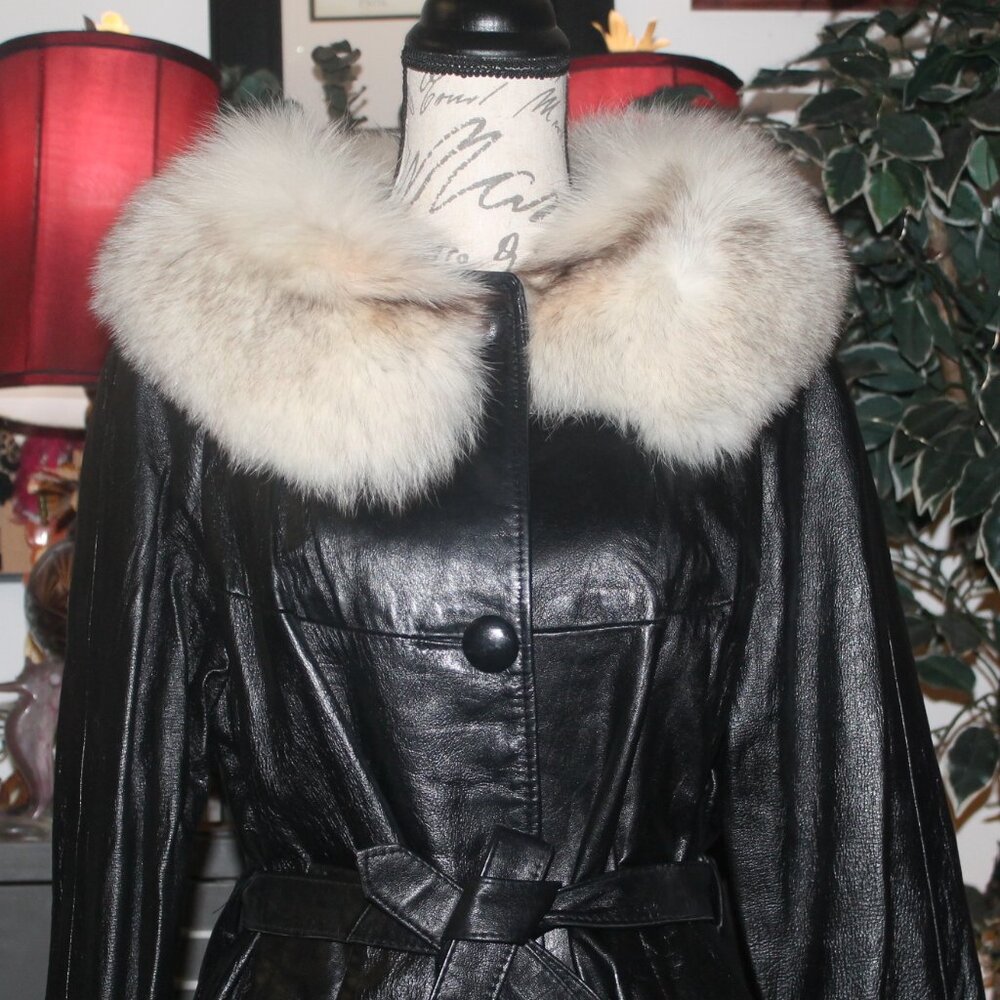 Rare Vintage 70's The Vogue Belted Black Leather & Fox Fur Jacket Coat Trench M - Picture 2 of 10